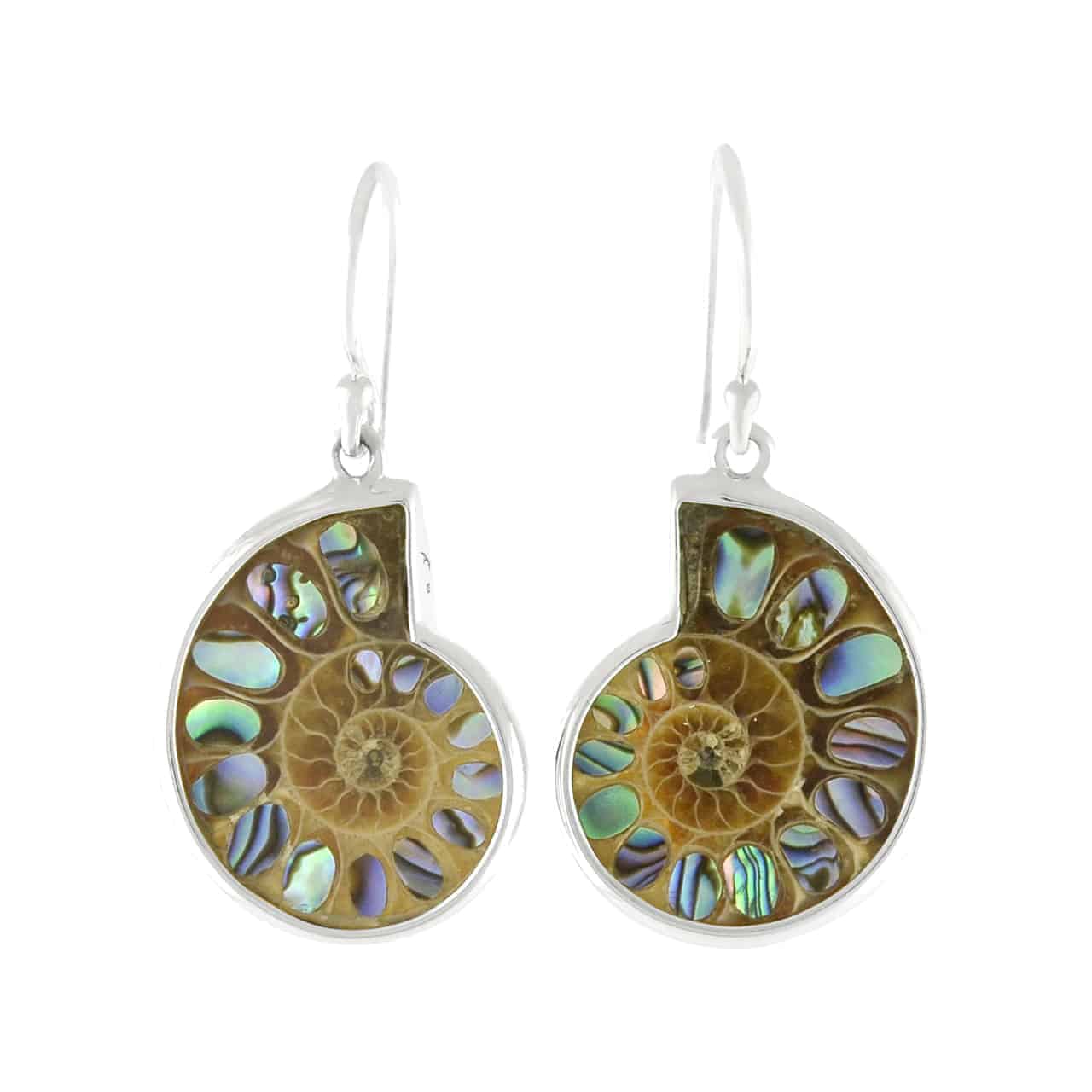 Starborn Ammonite with Inlaid Abalone Shell Earrings in Sterling Silver