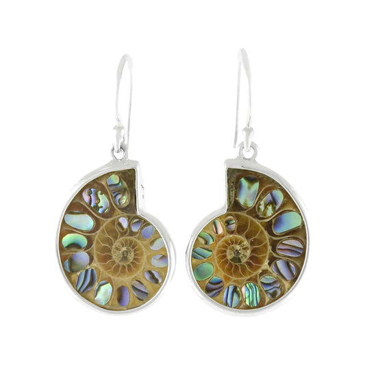 Starborn Ammonite with Inlaid Abalone Shell Earrings in Sterling Silver