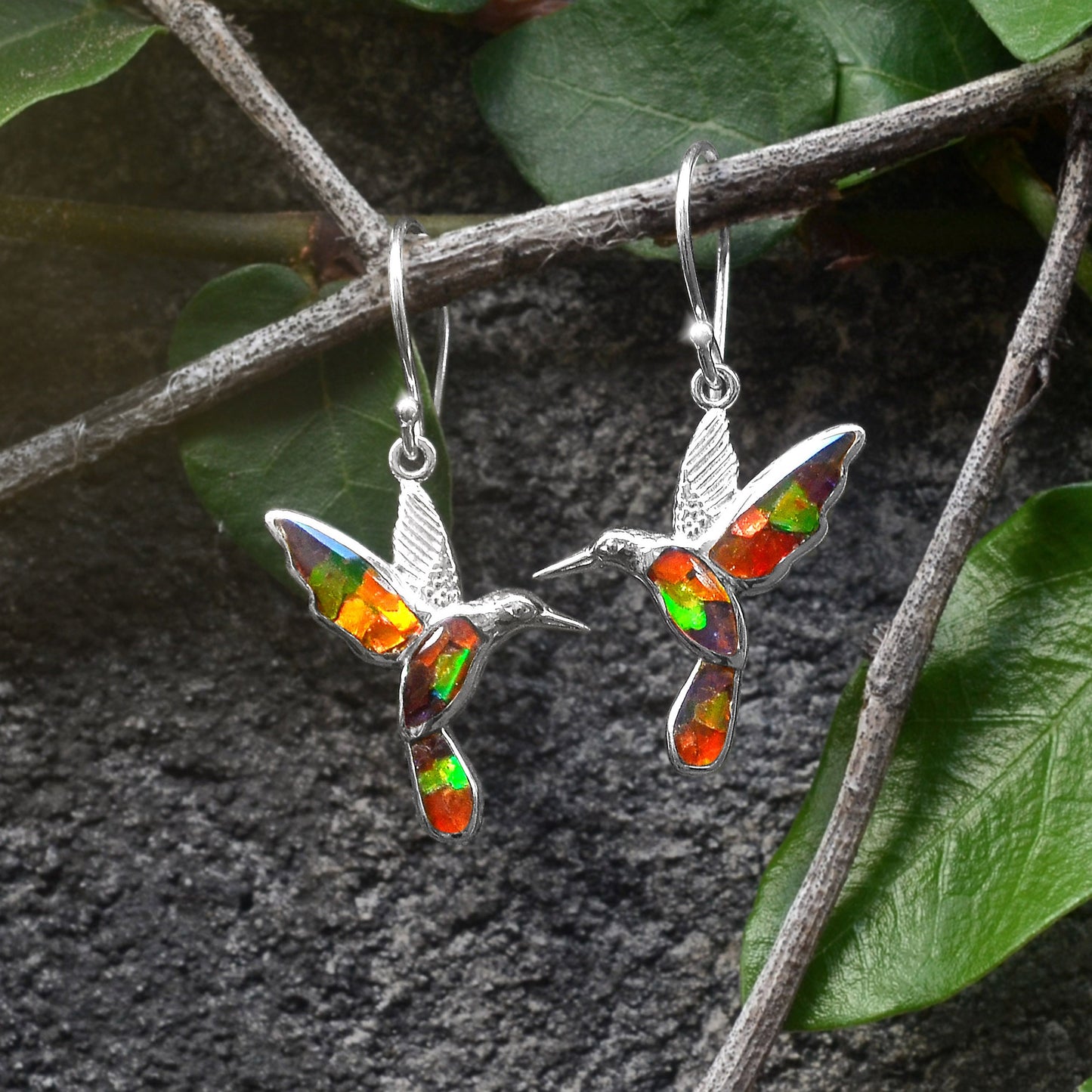 Starborn Ammolite and Sterling Silver Hummingbird Earrings