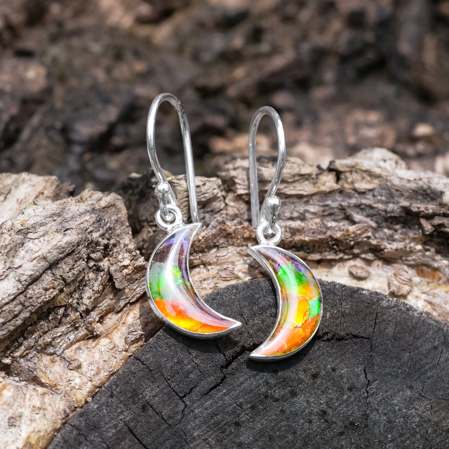 Starborn Ammolite Crescent Moon Sterling Silver Drop Earrings