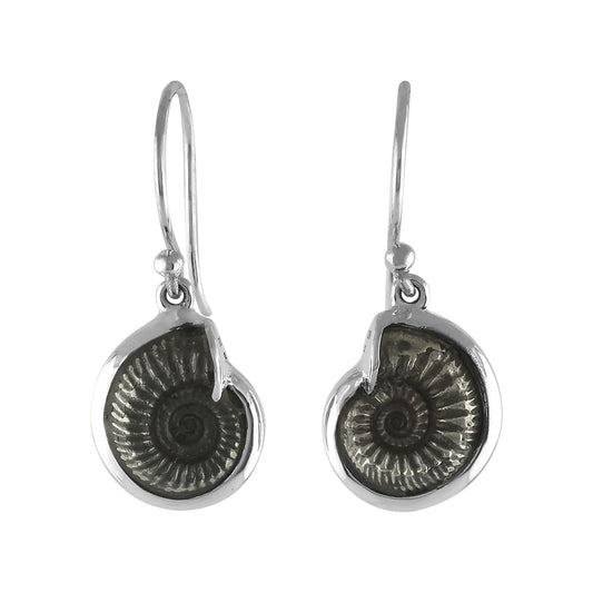 Starborn Fossilized Hematite Ammonite Earrings in Sterling Silver