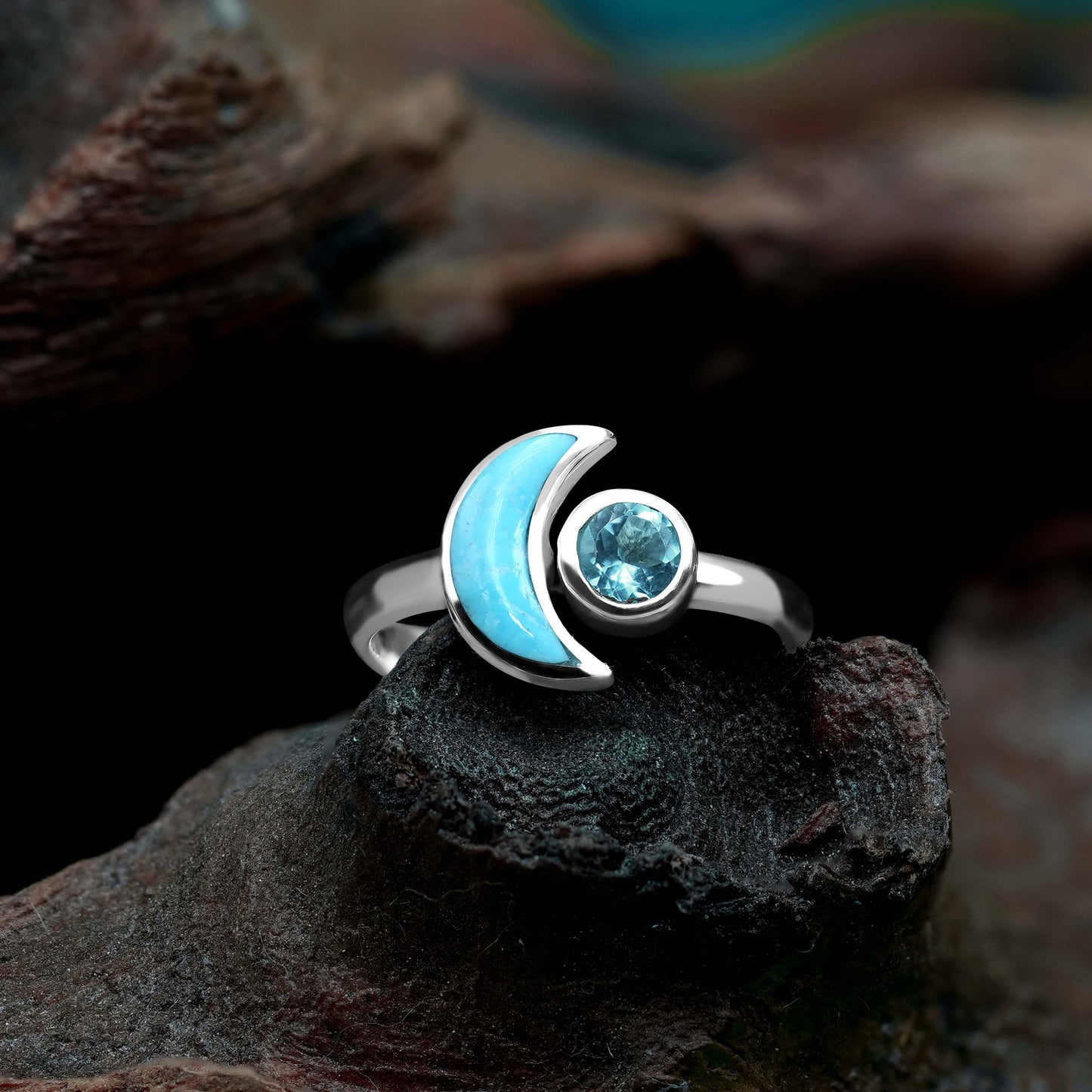 Starborn Turquoise and Faceted Blue Topaz Crescent Moon Ring in Sterling Silver