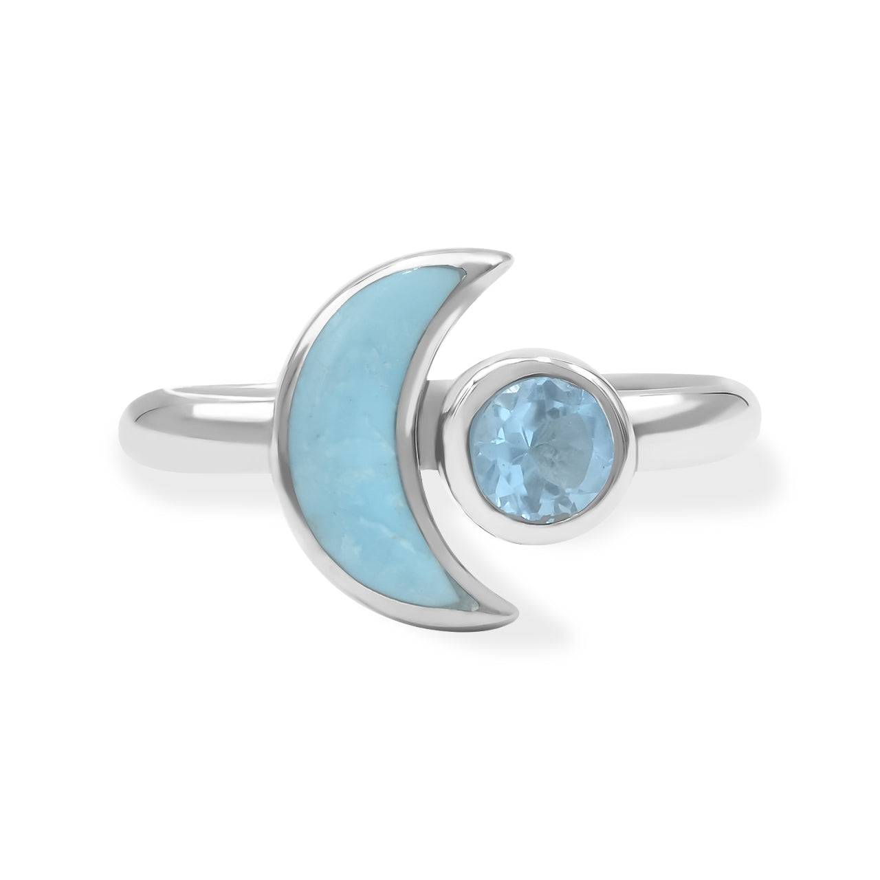 Starborn Turquoise and Faceted Blue Topaz Crescent Moon Ring in Sterling Silver