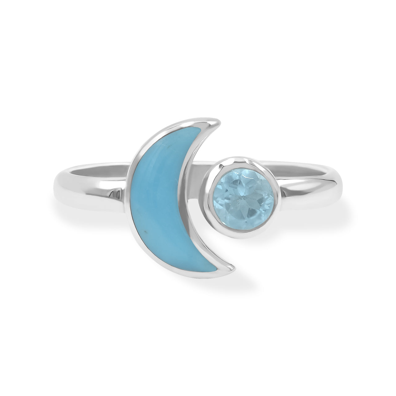Starborn Turquoise and Faceted Blue Topaz Crescent Moon Ring in Sterling Silver