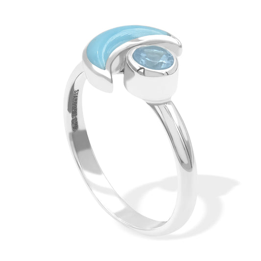 Starborn Turquoise and Faceted Blue Topaz Crescent Moon Ring in Sterling Silver