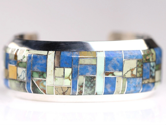 One of a Kind Sterling Silver Inlay Cuff by Artist Ryan Sanchez - Size 7 - Lapis Lazuli & Lander, Dry Creek Turquoise - Mens Bracelet Gift