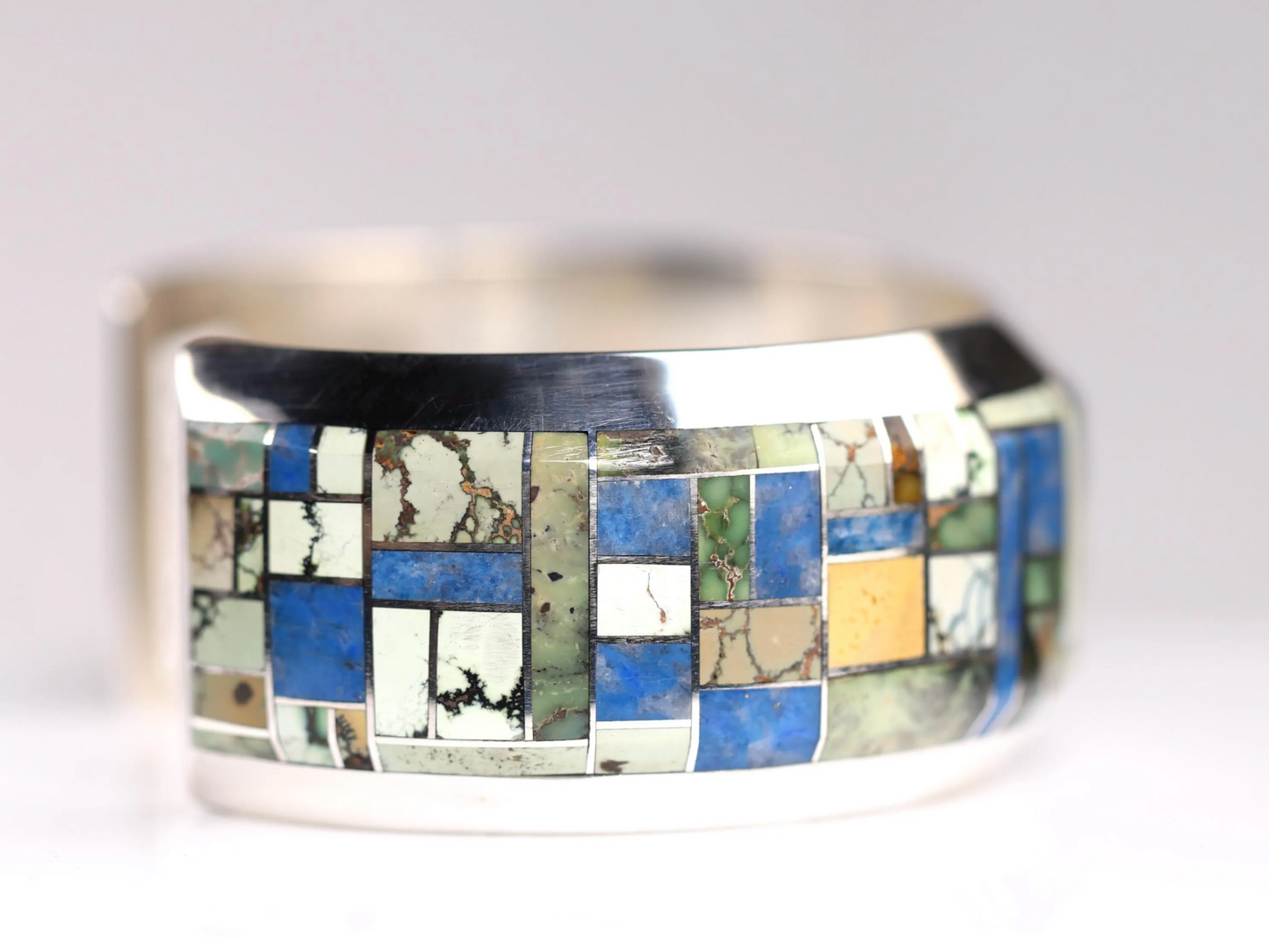 One of a Kind Sterling Silver Inlay Cuff by Artist Ryan Sanchez - Size 7 - Lapis Lazuli & Lander, Dry Creek Turquoise - Mens Bracelet Gift