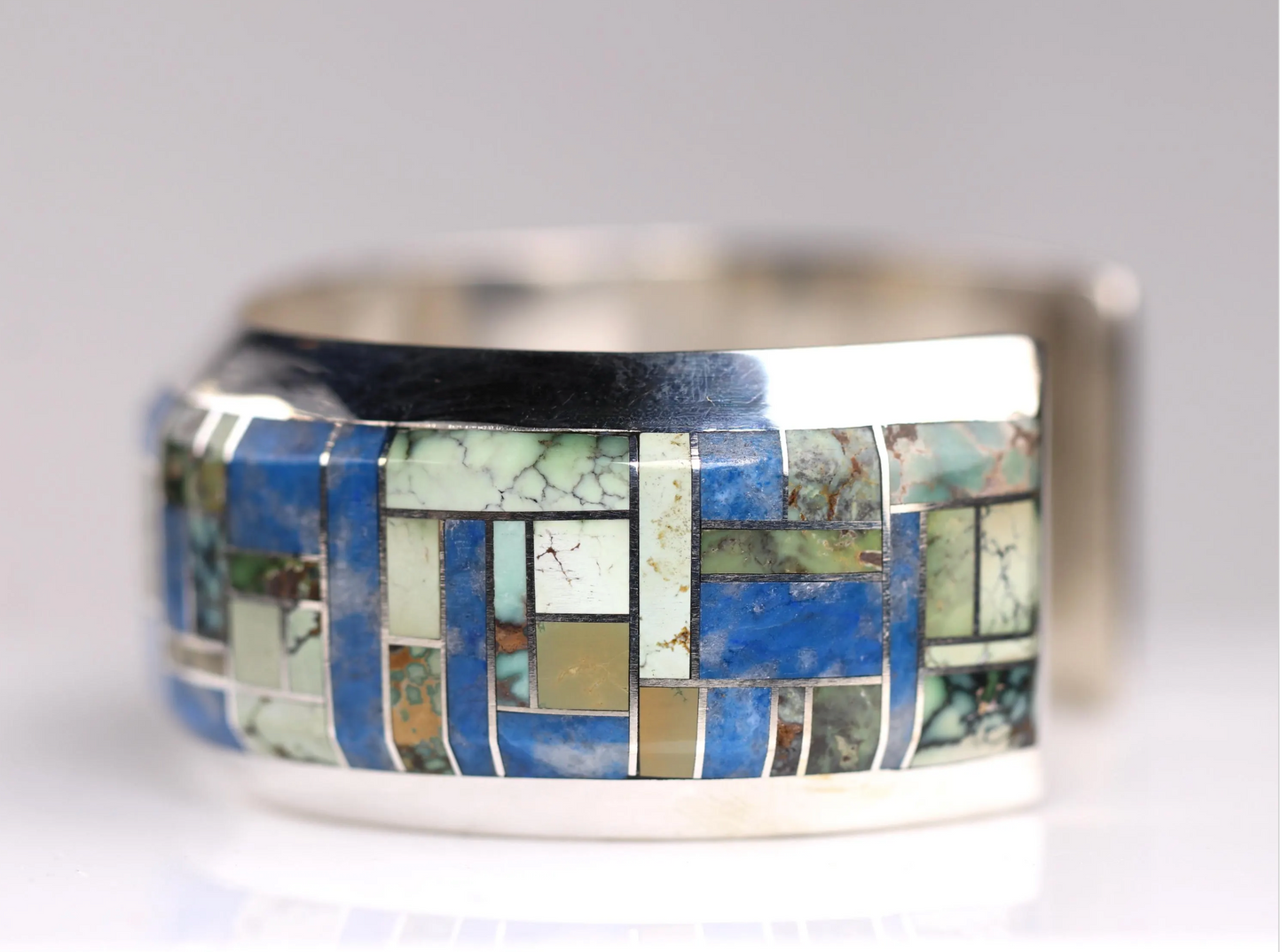 One of a Kind Sterling Silver Inlay Cuff by Artist Ryan Sanchez - Size 7 - Lapis Lazuli & Lander, Dry Creek Turquoise - Mens Bracelet Gift