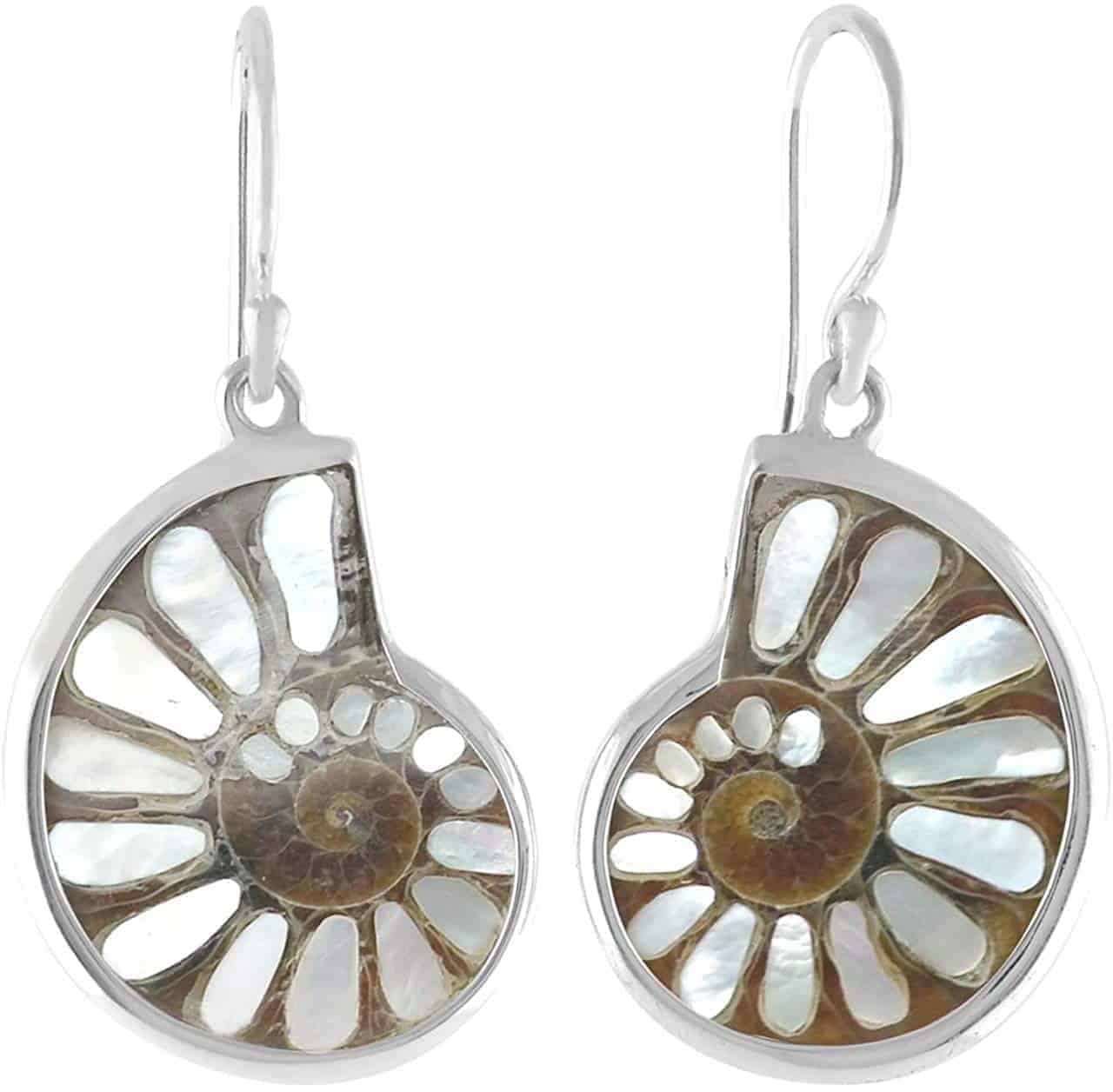 Starborn Mother of Pearl Inlaid Ammonite Earrings in Sterling Silver