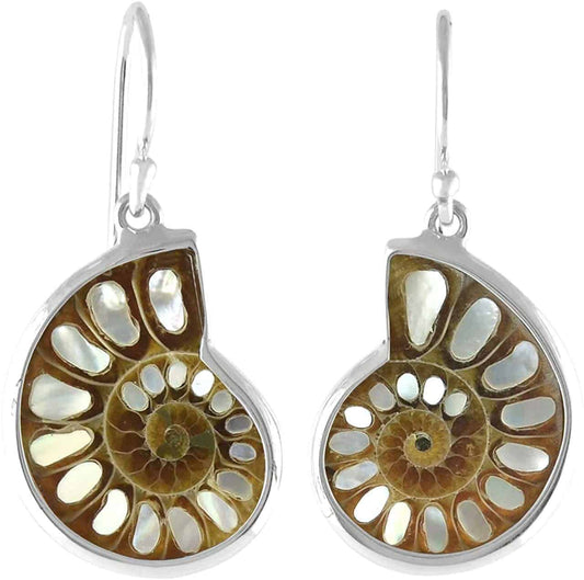 Starborn Mother of Pearl Inlaid Ammonite Earrings in Sterling Silver